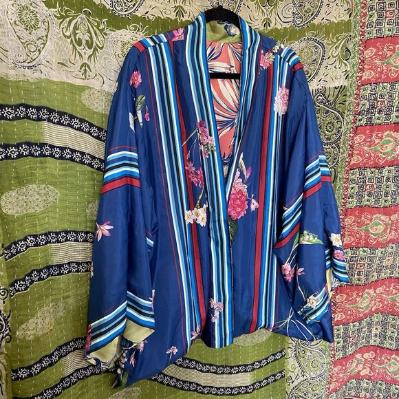 NWT Johnny Was Blue Floral Kygo Nana Silk Reversible Kimono Size 1X - Picture 10 of 16